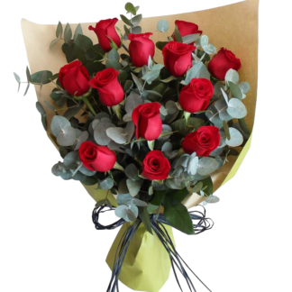 12 Roses with Eucalyptus - flower delivery Tbilisi