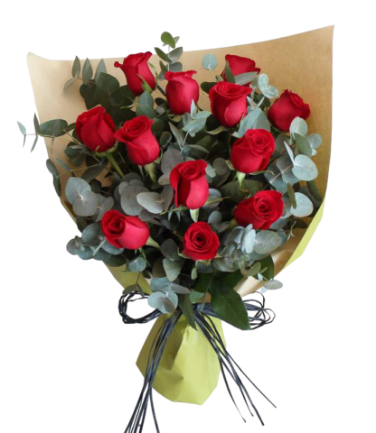12 Roses with Eucalyptus - flower delivery Tbilisi